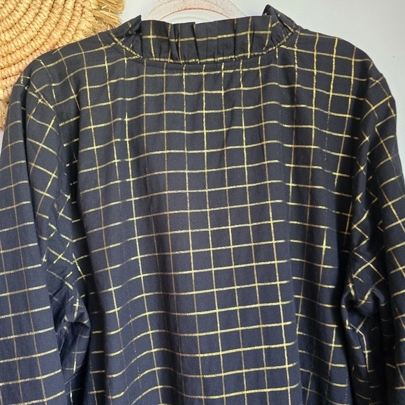 Crown & Ivy, Black & Metallic Gold Plaid Ruffle Neck Popover Shirt, Size 3X - Picture 8 of 9